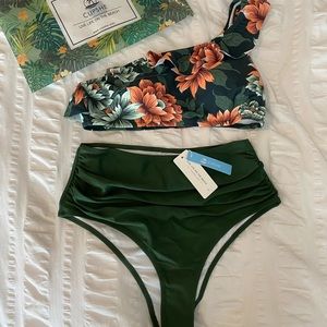 Dark green floral one shoulder ruffled bikini